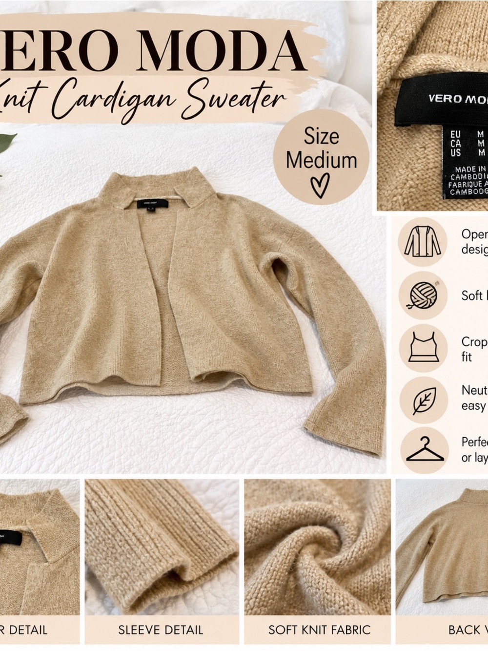 Vero Moda Beige Tan Cropped Knit Cardigan Sweater Size M